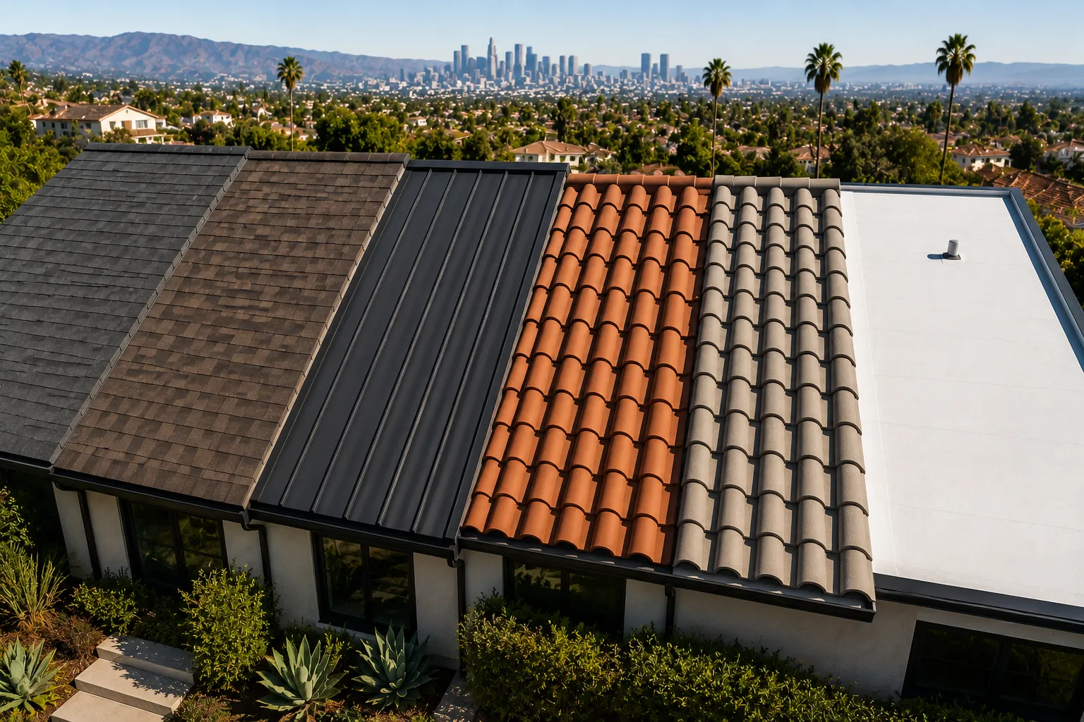 Modern Los Angeles home with a premium fire-rated roof, showcasing cool roofing materials under bright California sunlight, surrounded by palm trees and a contemporary residential neighborhood.